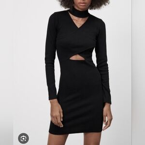 Zara Black Long Sleeve Ribbed Cut Of Choker  Neck Bodycone Dress Large.